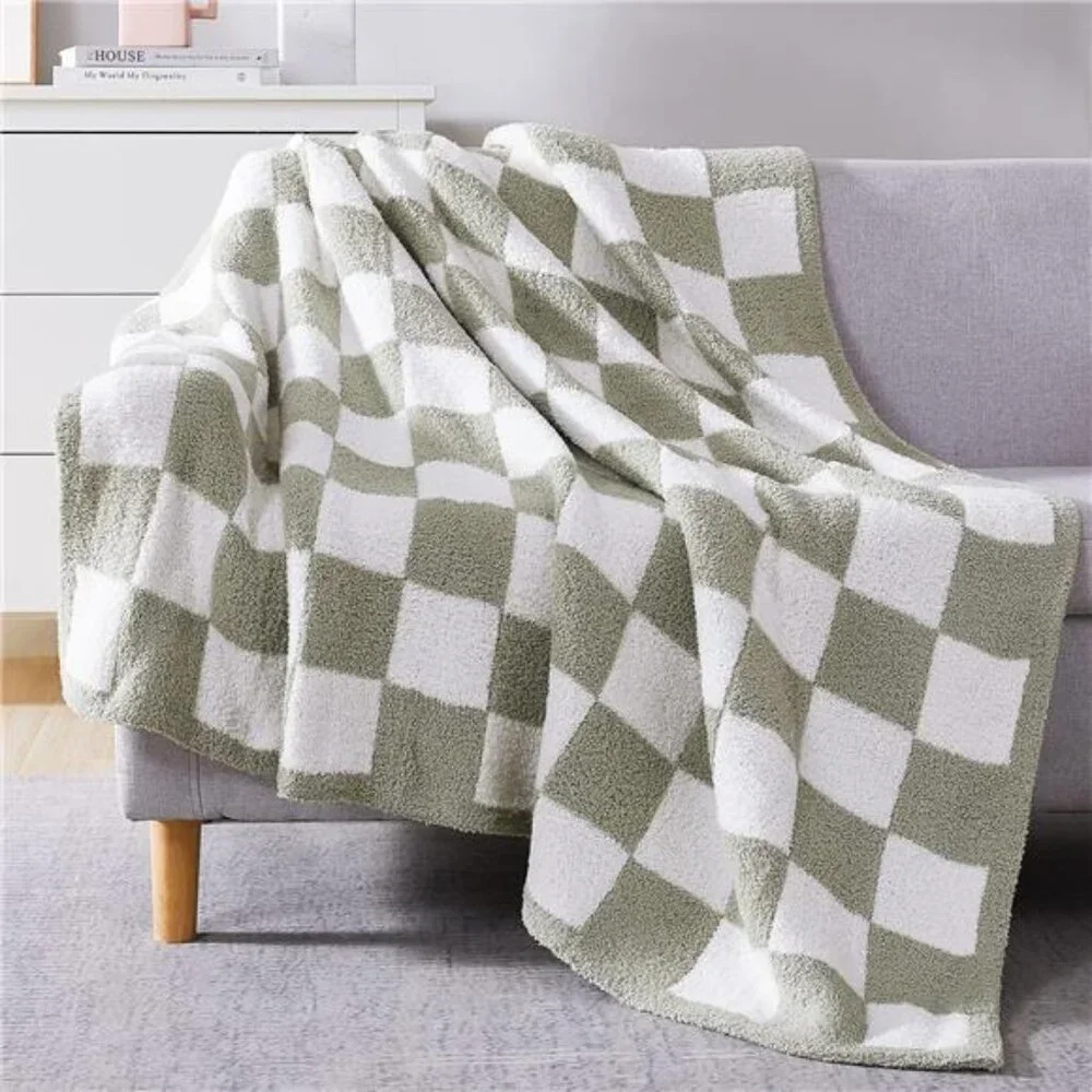 Checkered Throw Blanket, Sage Green Soft Cozy Fluffy Hand Made Throw Blankets